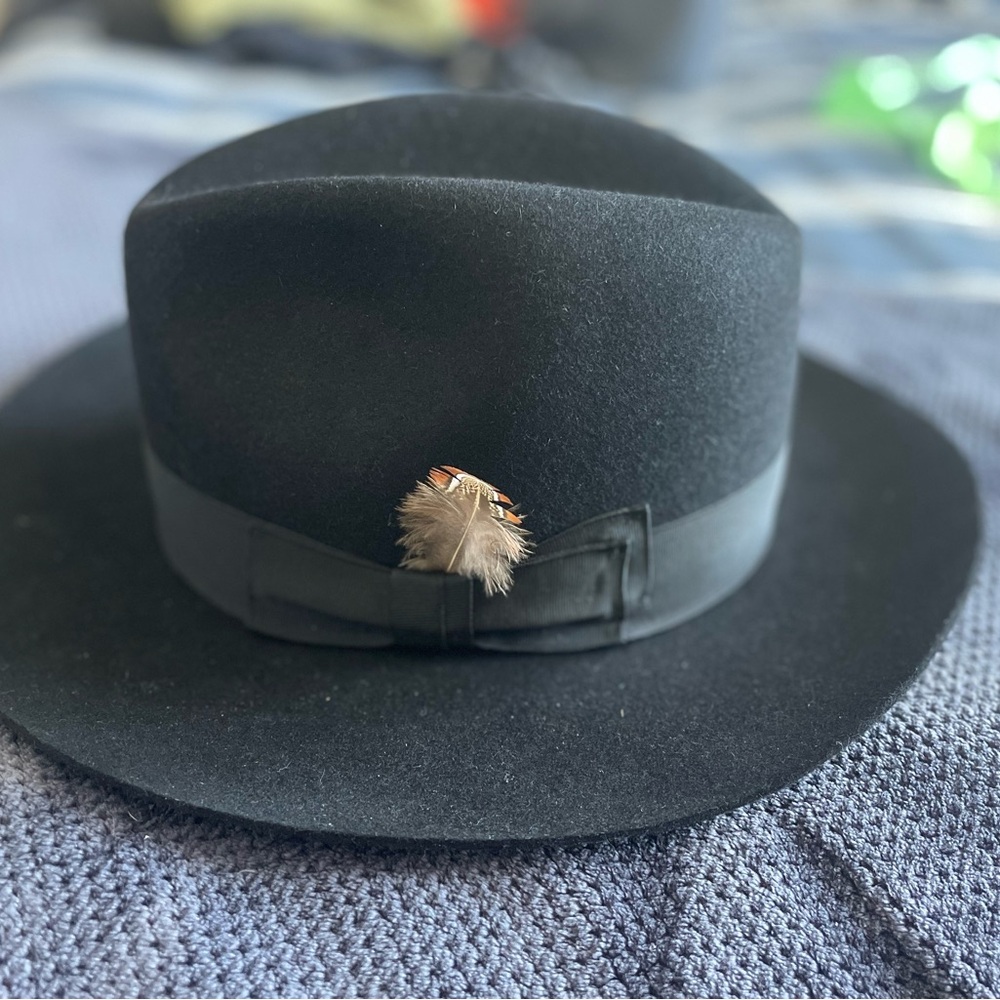 Black Rabbit Fur Wide-Brim Fedora with Feather Accent